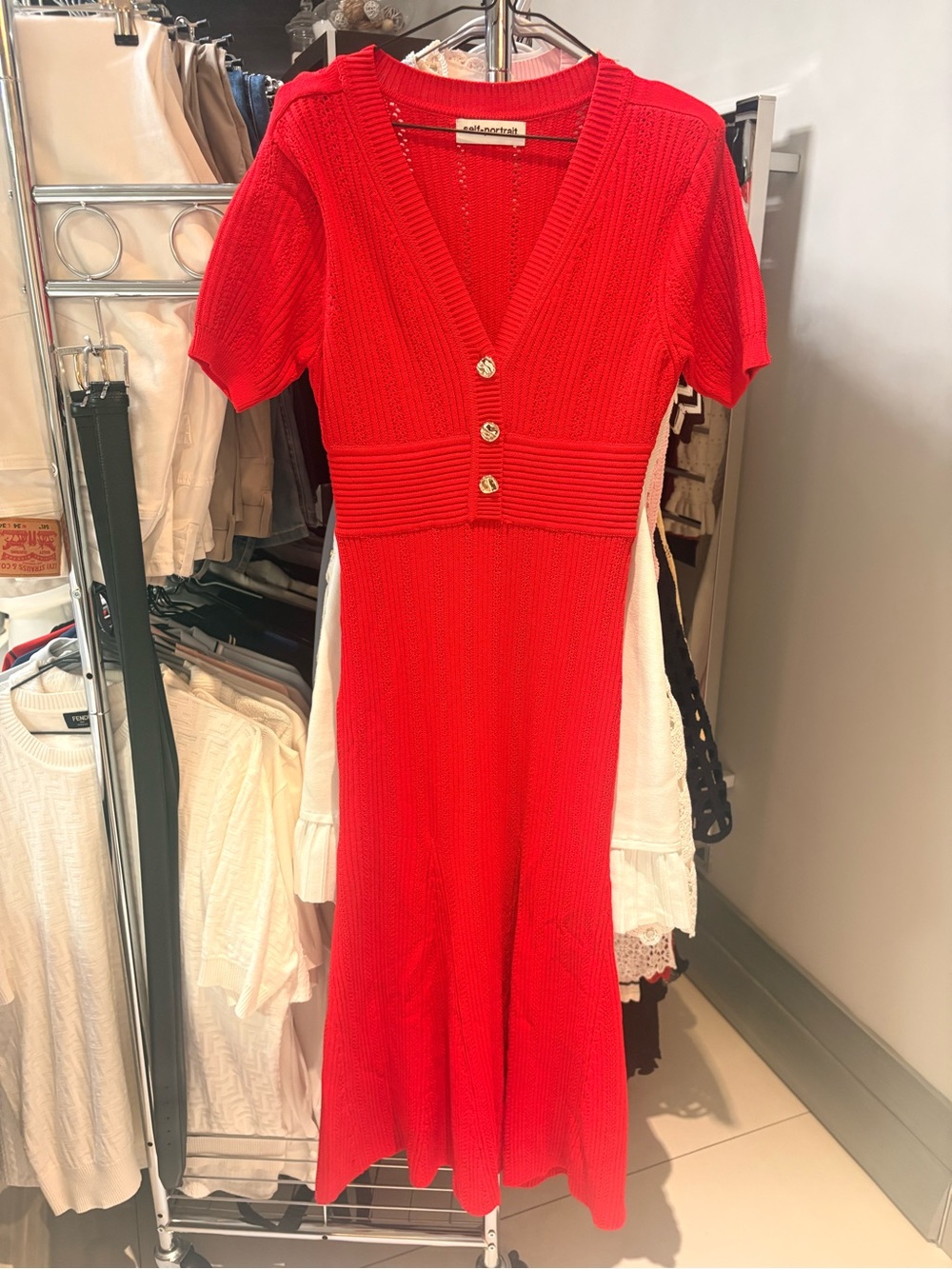 SELF PORTRAIT Red Knit Button-Front V-Neck Dress